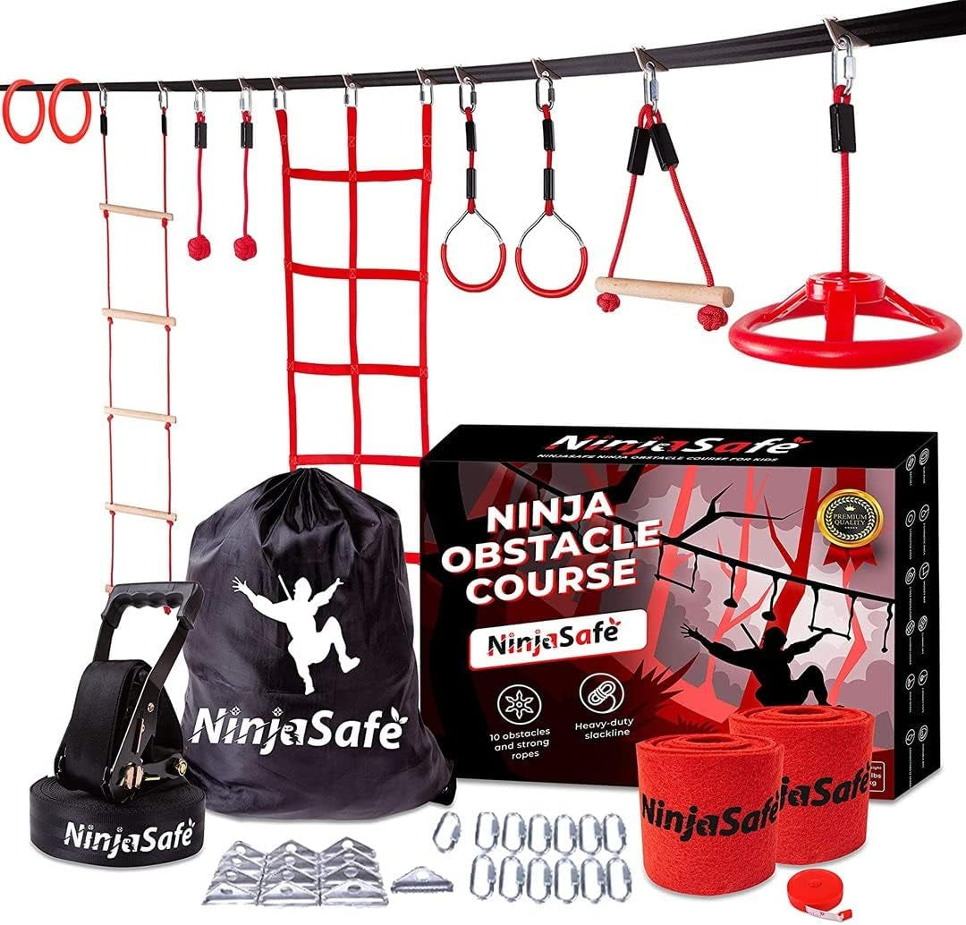 Ninja Obstacle Course for Kids Backyard - 10 Durable Obstacles and 50' Slackline - Outdoor Warrior Obstacle Playset Equipment for Girls & Boys with Monkey Bars, Ladder, Wheel, Gymnastics, Climbing Net