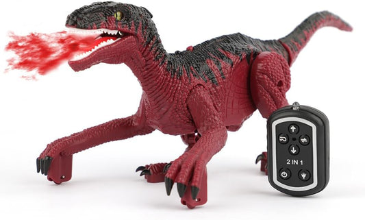 Interactive RC Velociraptor Dinosaur Pet Toy with LED Lights and Roaring Sound - Remote Control Walking Dinosaur with Fire-Breathing Effect - Gesture Sensing Remote